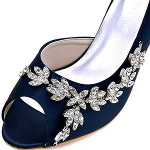 NIB Peep Toe Satin Pumps with Rhinestones